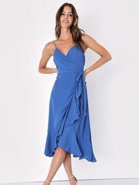 Lulus Manhattan Moment Blue Ruffled Midi Wrap Dress - Size M